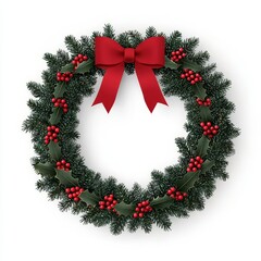 Christmas wreath with red bow and berries, white isolate background