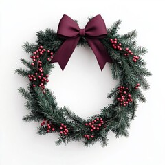 Christmas wreath with red berries and a burgundy bow, isolated.