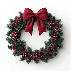 Christmas wreath with red bow and berries, white isolate background