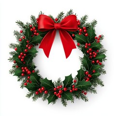Christmas wreath with red bow and berries, white isolated background