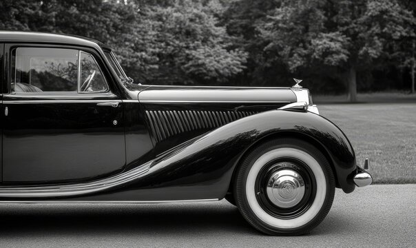 Fototapeta Black vintage car on asphalt with whitewall tires.