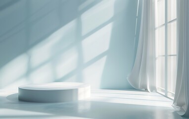 Minimalistic scene with white podium and curtains. 3D rendering
