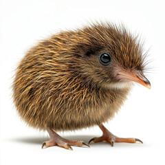 A fluffy, young bird with a rounded body and short legs, showcasing its cute features.