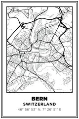 Fototapeta premium Black and white printable Street map art Bern city, Switzerland. Travel poster with coordinates, poster design, Modern Poster Wall Art Home Decor Ready to Printable