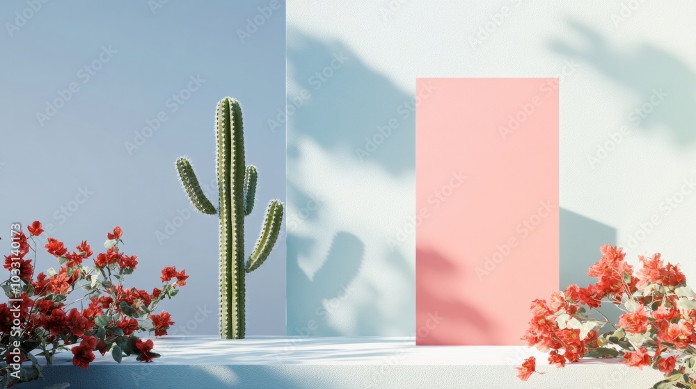 Poster modern botanical mockup with red display and cactus on pastel blue