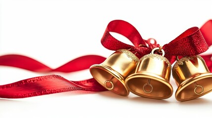 Golden bells tied with a red ribbon, white isolate background.