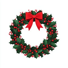 Holly wreath with red bow, white isolate background