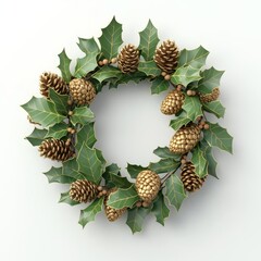 Pinecone wreath with holly leaves, white isolate background