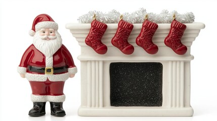 Santa Claus beside a festive fireplace with stockings, white isolate background