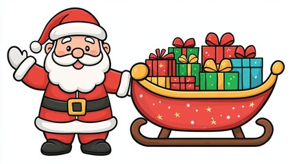 Santa with sleigh full of colorful gifts, white isolate background