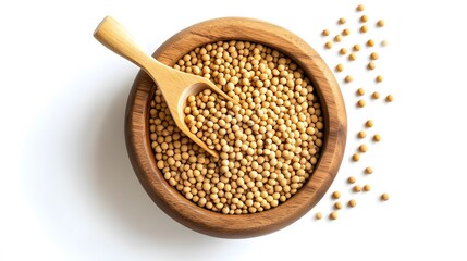 Closeup soy beans in wooden bowl and scoop isolated on white background. 