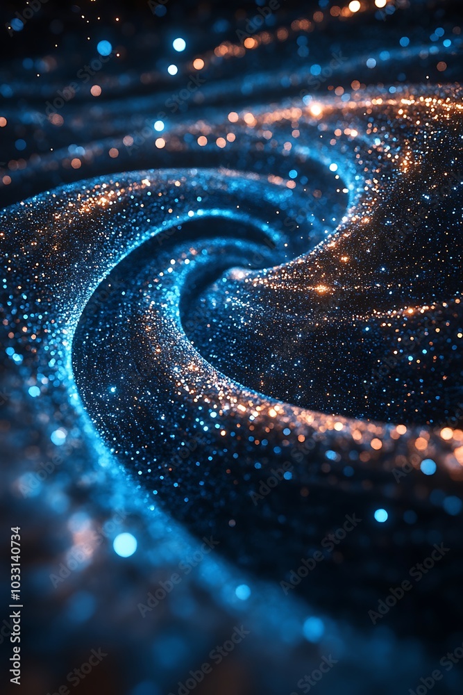 Poster a mesmerizing swirl of blue and gold cosmic particles, creating a vibrant representation of a galaxy