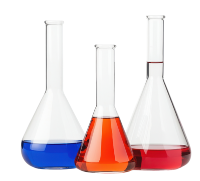 Glass laboratory flasks with colored liquids