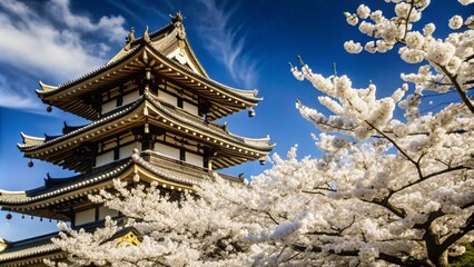 Naklejka premium A traditional Japanese pagoda with cherry blossoms in full bloom against a clear blue sky.