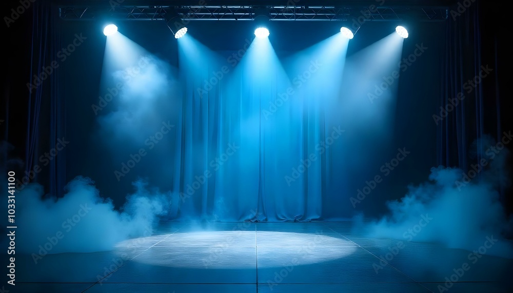 Wall mural empty stage with blue spotlights and smoke for event