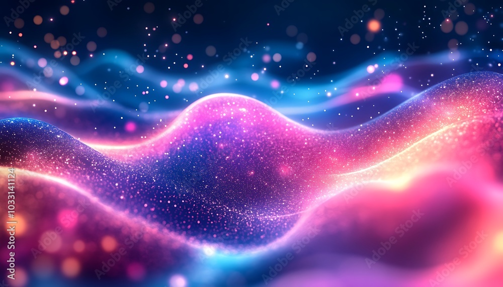 Poster A vibrant digital landscape with swirling waves of colorful light and shimmering particles, creating a mesmerizing cosmic effect.