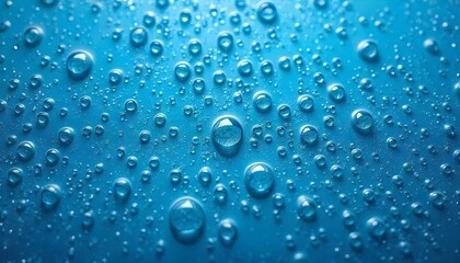 Drops of water on a blue backdrop with texture featuring lifelike microdroplets