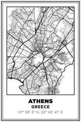 Black and white printable Street map art athens city, Greece. Travel poster with coordinates, poster design, Modern Poster Wall Art Home Decor Ready to Printable