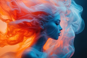 A surreal portrait of a woman with flowing, colorful hair resembling smoke.