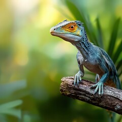 Sinornithosaurus perched on a tree branch isolated on a light green jungle background.