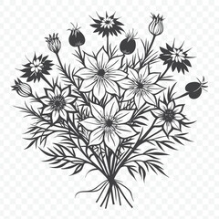 Floral Bunch with Love in a Mist Silhouette Vector Illustration of Delicate Flower Arrangement