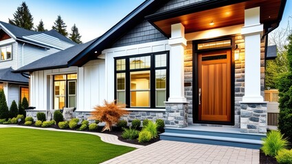 Obraz premium Modern suburban home exterior, craftsman-style architecture, wooden front door, stone columns, white siding, black framed windows, covered porch, landscaped front yard, paver driveway, warm lighting, 