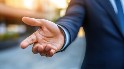 Fototapeta premium Closeup of a businessman's hand reaching out, symbolizing partnership, collaboration, and trust.