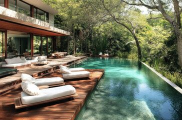 Naklejka premium Outdoor pool deck with a seating area and loungers, white concrete plant pots in the background, tropical plants, wooden floorboards