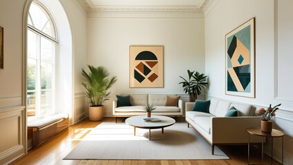 Fototapeta premium Elegant minimalist living room, mid-century modern sofa, abstract geometric artwork, large arched windows, natural light, hardwood floors, potted palm plant, round coffee table, bright white walls, hi