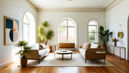Fototapeta premium Elegant minimalist living room, mid-century modern sofa, abstract geometric artwork, large arched windows, natural light, hardwood floors, potted palm plant, round coffee table, bright white walls, hi