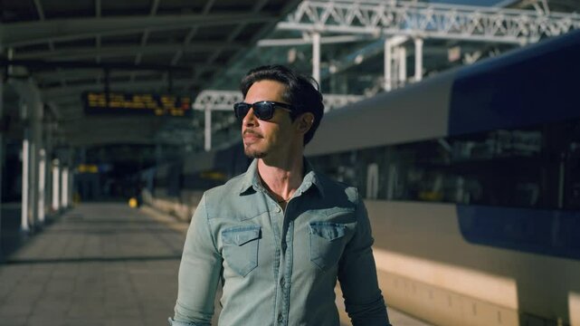 Man Traveler Walking at Seoul Train Station Patform on Sunny Day Wearing Sunglasses