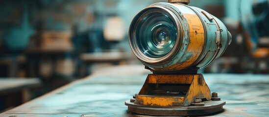 A vintage camera lens mounted on a rustic base in an industrial workshop setting.
