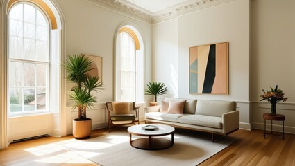Fototapeta premium Elegant minimalist living room, mid-century modern sofa, abstract geometric artwork, large arched windows, natural light, hardwood floors, potted palm plant, round coffee table, bright white walls, hi