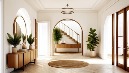 Modern luxurious entryway, bright and airy interior, arched doorways, round mirror, wooden console table, potted plants, herringbone wood flooring, circular rug, white walls, natural light, minimalist