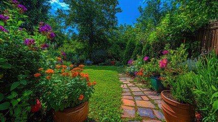 Naklejka premium A stone path leads through a lush green garden with vibrant flowers in pots on either side.