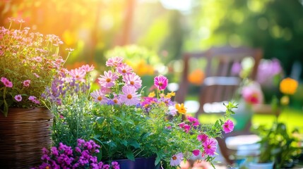 Colorful flowers in pots in a garden setting, with a wooden chair and greenery in the background, bathed in warm sunlight.
