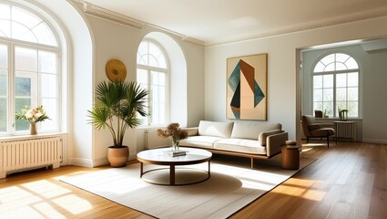Fototapeta premium Elegant minimalist living room, mid-century modern sofa, abstract geometric artwork, large arched windows, natural light, hardwood floors, potted palm plant, round coffee table, bright white walls, hi