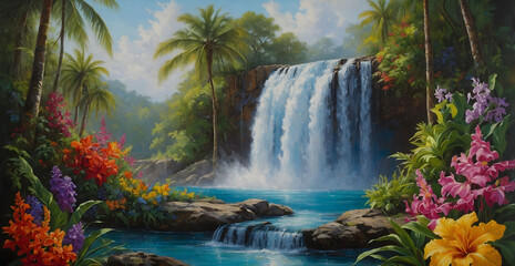 Tropical paradise, waterfall cascading into a serene pool and surrounded by lush vegetation.