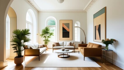 Fototapeta premium Elegant minimalist living room, mid-century modern sofa, abstract geometric artwork, large arched windows, natural light, hardwood floors, potted palm plant, round coffee table, bright white walls, hi