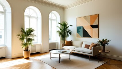 Fototapeta premium Elegant minimalist living room, mid-century modern sofa, abstract geometric artwork, large arched windows, natural light, hardwood floors, potted palm plant, round coffee table, bright white walls, hi