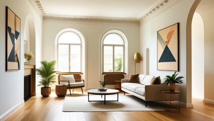 Elegant minimalist living room, mid-century modern sofa, abstract geometric artwork, large arched windows, natural light, hardwood floors, potted palm plant, round coffee table, bright white walls, hi