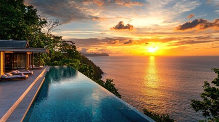 a stunning villa with a private pool overlooking the ocean at sunset.