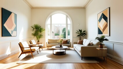 Fototapeta premium Elegant minimalist living room, mid-century modern sofa, abstract geometric artwork, large arched windows, natural light, hardwood floors, potted palm plant, round coffee table, bright white walls, hi
