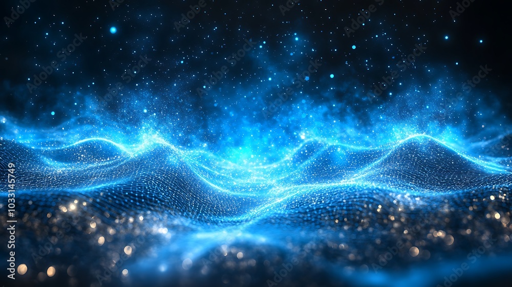 Poster A mesmerizing digital abstract of flowing blue waves sparkling in a starry space, evoking a sense of depth and movement.