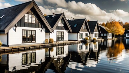 Fototapeta premium A row of charming houses with black roofs reflect in the water.