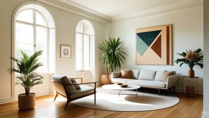Fototapeta premium Elegant minimalist living room, mid-century modern sofa, abstract geometric artwork, large arched windows, natural light, hardwood floors, potted palm plant, round coffee table, bright white walls, hi
