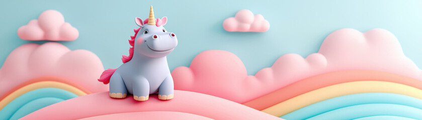 A whimsical unicorn sits atop pastel clouds and colorful rainbows against a soft blue backdrop.