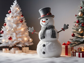 Obraz premium Red berries on green foliage decorate this serene Christmas setting with a snowman.