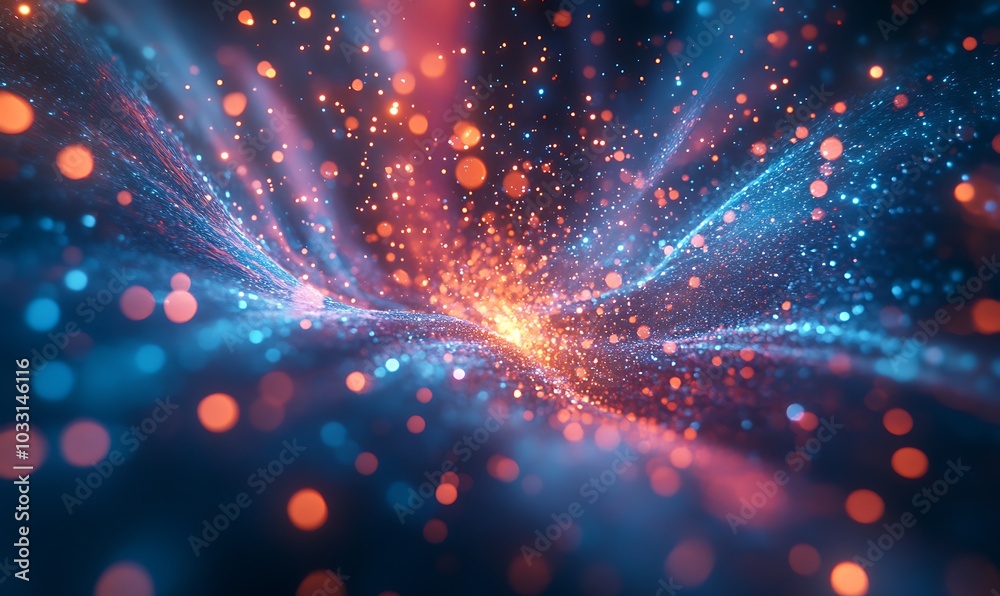 Poster a vibrant abstract image showcasing swirling particles of blue, orange, and red light against a dark
