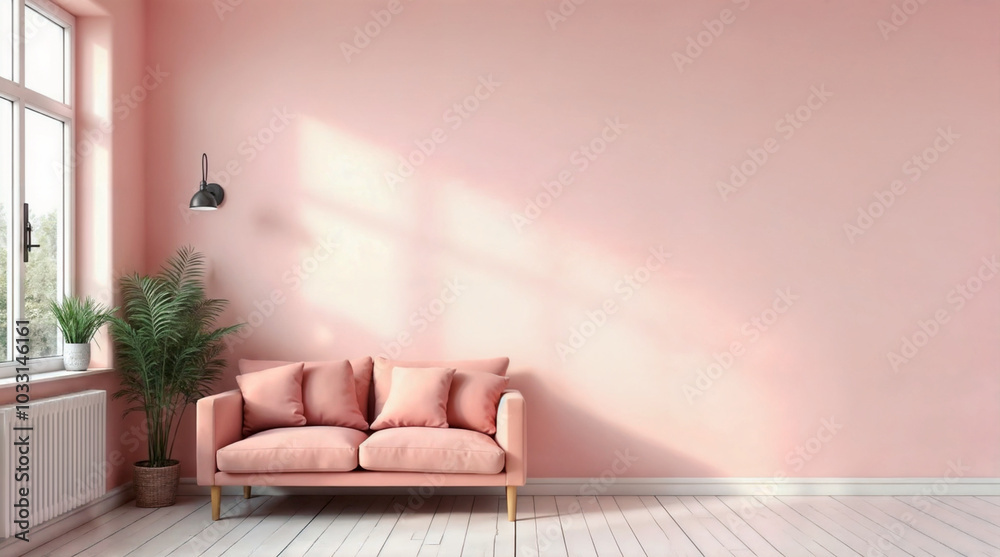 Wall mural pink room , scandinavian-style modern living room, a sofa on wooden floor, with houseplant and light